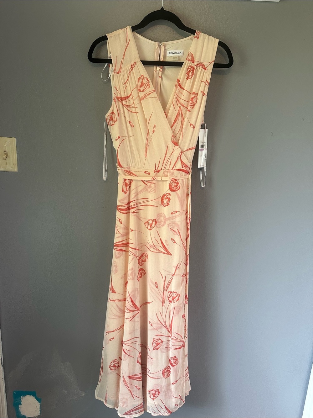 Calvin Klein Cream Dress with Coral Floral Print Midi length
